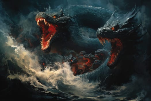 Dive into a fantastical realm where gigantic sea serpents, with their immense coils, slither through treacherous waters.