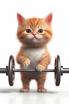 A cute red-haired kitten lifts a barbell standing on a white background.