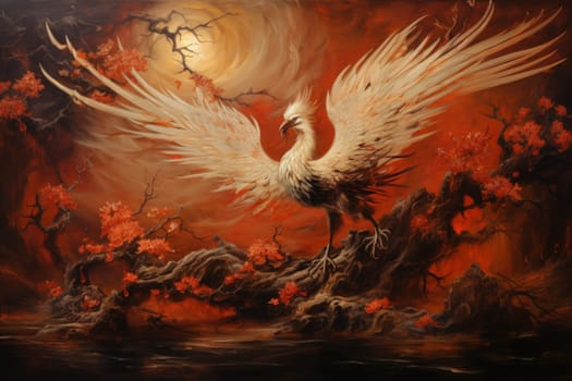 Embark on a mythical journey where ancient phoenixes, with their fiery plumage, rise triumphantly from ashes, embodying the cycle of rebirth and renewal.
