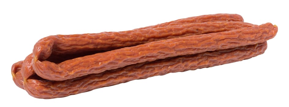 Traditional Polish thin smoked sausages on a white isolated background