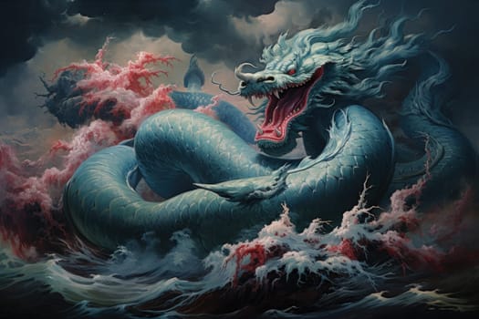Dive into a fantastical realm where gigantic sea serpents, with their immense coils, slither through treacherous waters.