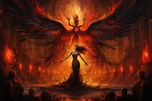 Within the realm of fantasy, elegant phoenix dancers grace the stage, their mesmerizing performances engulfed in flames.