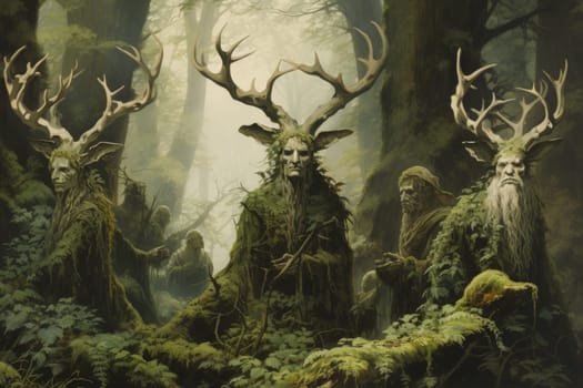 Deep within the mystical woodland realms of fantasy, ancient forest spirits stand as silent sentinels, their ethereal presence a testament to the wisdom and magic of the natural world.