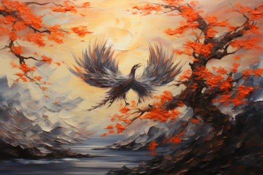 Embark on a mythical journey where ancient phoenixes, with their fiery plumage, rise triumphantly from ashes, embodying the cycle of rebirth and renewal.