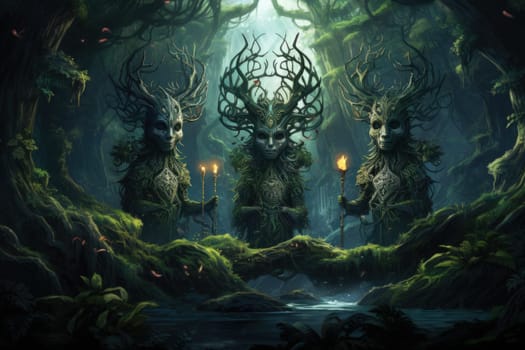Deep within the mystical woodland realms of fantasy, ancient forest spirits stand as silent sentinels, their ethereal presence a testament to the wisdom and magic of the natural world.