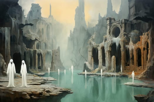 In the realm of fantasy, eerie and ethereal, ancient ruins and crumbling castles are shrouded in an unsettling atmosphere, haunted by ghostly apparitions.