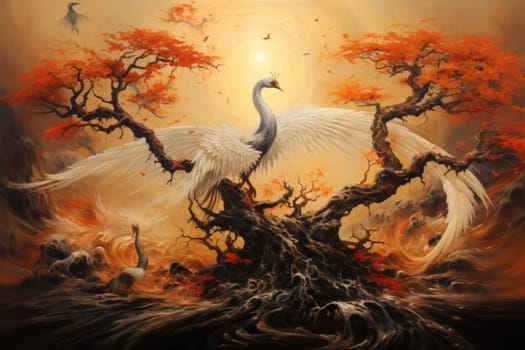 Embark on a mythical journey where ancient phoenixes, with their fiery plumage, rise triumphantly from ashes, embodying the cycle of rebirth and renewal.
