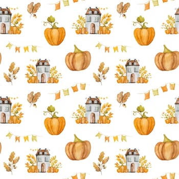 Seamless patterns hand-painted in watercolor. Adorable autumn houses with leaves and pumpkins