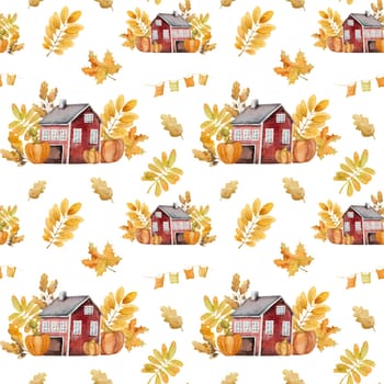 Seamless patterns hand-painted in watercolor. Adorable autumn houses with leaves and pumpkins