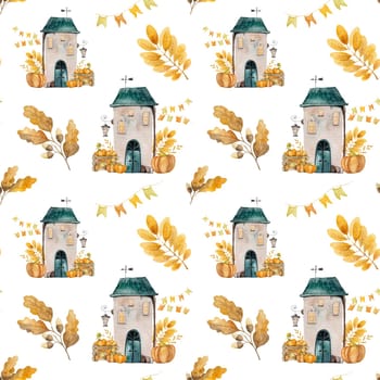 Seamless patterns hand-painted in watercolor. Adorable autumn houses with leaves and pumpkins