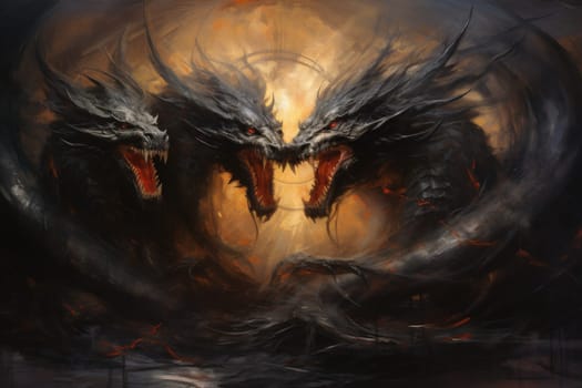 In the realm of fantasy, ferocious shadow dragons dominate the skies, their majestic forms wreathed in darkness.