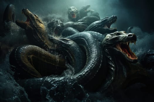 Dive into a fantastical realm where gigantic sea serpents, with their immense coils, slither through treacherous waters.
