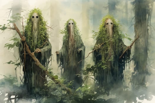 Deep within the mystical woodland realms of fantasy, ancient forest spirits stand as silent sentinels, their ethereal presence a testament to the wisdom and magic of the natural world.