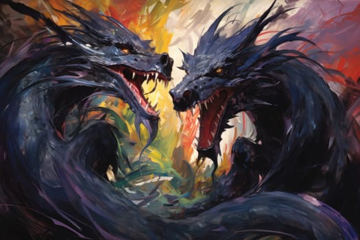 In the realm of fantasy, ferocious shadow dragons dominate the skies, their majestic forms wreathed in darkness.