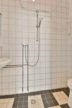 a modern bathroom with black and white tiles on the floor, toilet and shower stall in the background is tiled