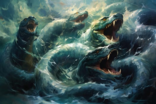Dive into a fantastical realm where gigantic sea serpents, with their immense coils, slither through treacherous waters.