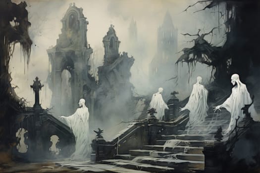 In the realm of fantasy, eerie and ethereal, ancient ruins and crumbling castles are shrouded in an unsettling atmosphere, haunted by ghostly apparitions.