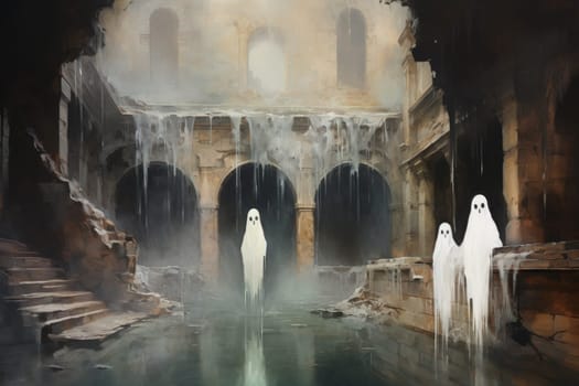 In the realm of fantasy, eerie and ethereal, ancient ruins and crumbling castles are shrouded in an unsettling atmosphere, haunted by ghostly apparitions.
