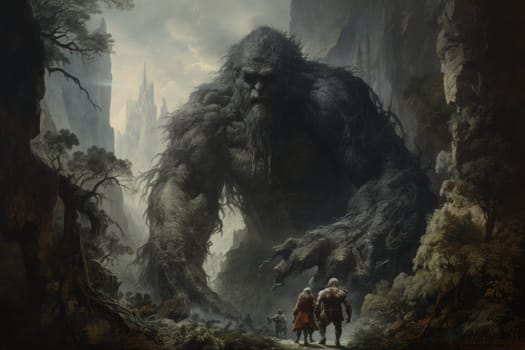 Embark on a fantastical journey where gargantuan giants, with their colossal stature, traverse the towering mountains with thunderous footsteps.
