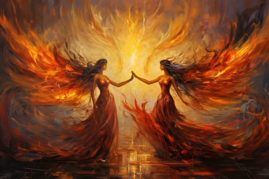 Within the realm of fantasy, elegant phoenix dancers grace the stage, their mesmerizing performances engulfed in flames.
