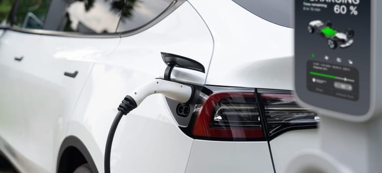 Closeup EV charger plug handle attached to electric vehicle port, recharging battery from charging station. Modern designed EV car and clean energy sustainability for better future.Panorama Synchronos