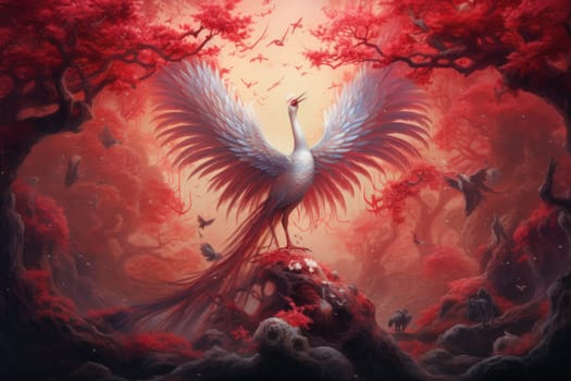 Embark on a mythical journey where ancient phoenixes, with their fiery plumage, rise triumphantly from ashes, embodying the cycle of rebirth and renewal.
