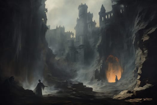In the realm of fantasy, eerie and ethereal, ancient ruins and crumbling castles are shrouded in an unsettling atmosphere, haunted by ghostly apparitions.