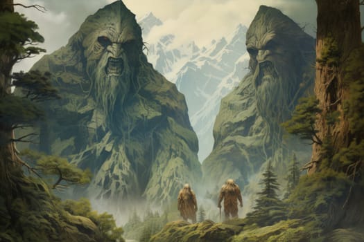 Embark on a fantastical journey where gargantuan giants, with their colossal stature, traverse the towering mountains with thunderous footsteps.