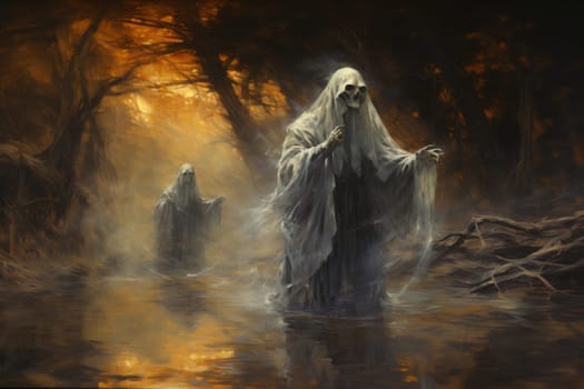In the realm of fantasy, haunting ghostly apparitions are ethereal beings that exist between the world of the living and the realm of the dead.