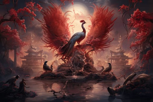 Embark on a mythical journey where ancient phoenixes, with their fiery plumage, rise triumphantly from ashes, embodying the cycle of rebirth and renewal.
