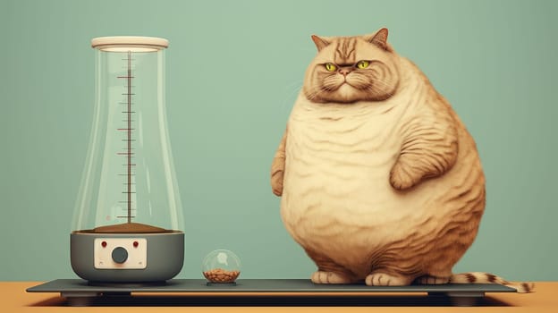 A large, fat, obese cat at a veterinarian's appointment in a clinic. Concept of care and concern for pets and obesity.