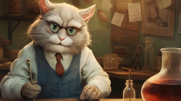 A cat in a doctor's coat sits at the table and prescribes medications at a veterinary pharmacy. Concept of care and care for pets