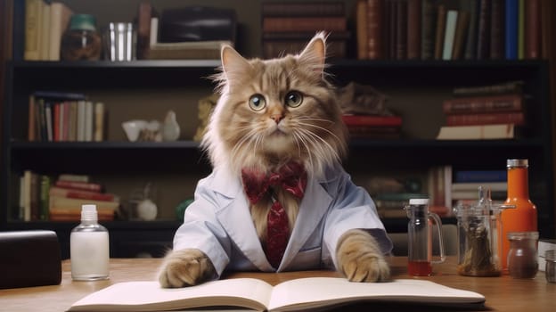 A cat in a doctor's coat sits at the table and prescribes medications at a veterinary pharmacy. Concept of care and care for pets