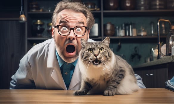 Veterinarian doctor and cat are scared or screaming with their mouths wide open in the clinic. Concept of care and care for pets