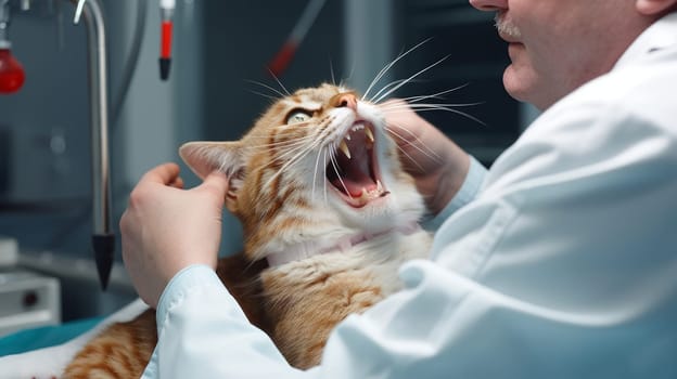 A veterinarian checks a cat's teeth and mouth at the clinic for diseases. Pet care and grooming concept.