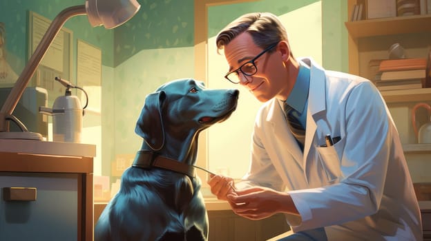 Cute veterinarian examining a dog in the clinic for diseases. Pet care and grooming concept.