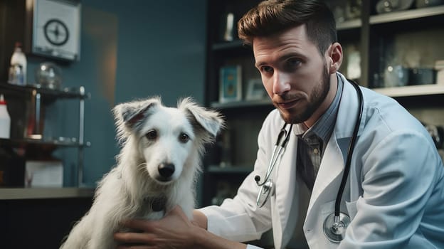 Cute veterinarian examining a dog in the clinic for diseases. Pet care and grooming concept.