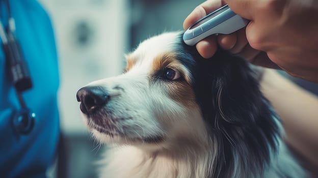 A cute veterinarian examines the dog, takes the temperature and takes tests at the clinic for diseases. Pet care and grooming concept.