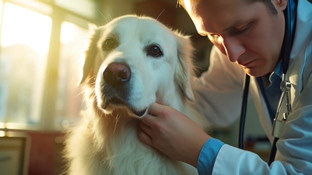 A cute veterinarian examines the dog, takes the temperature and takes tests at the clinic for diseases. Pet care and grooming concept.