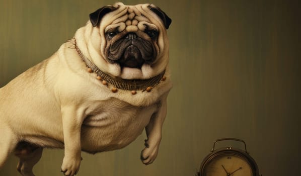 A large, fat, obese dog at a veterinarian's appointment in a clinic. Concept of care and concern for pets and obesity.