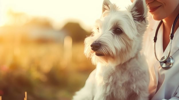 Cute dog in the arms of a veterinarian against the backdrop of sunlight, close-up. Pet care and grooming concept.