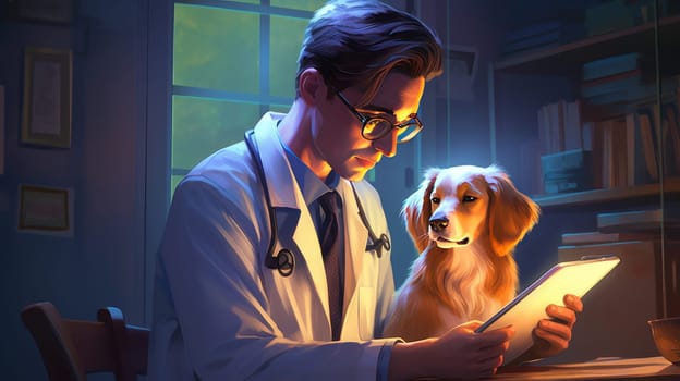 A young veterinarian doctor looks at a tablet in the evening, and a dog sits next to him in the clinic. Concept of care and care for pets