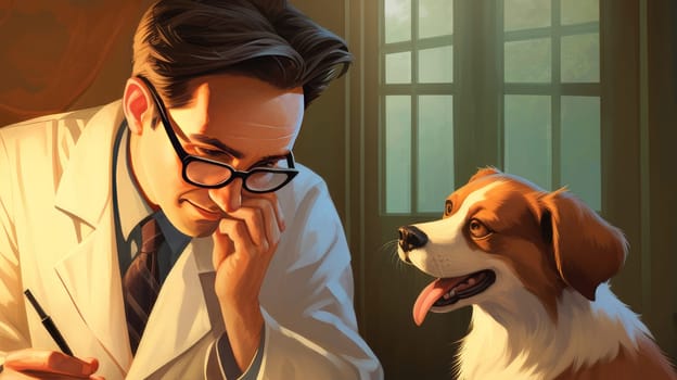 A cute veterinarian examines the dog, takes the temperature and takes tests at the clinic for diseases. Pet care and grooming concept.