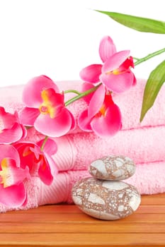 Towels and soap bottle