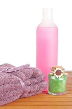 Towels and soap bottle