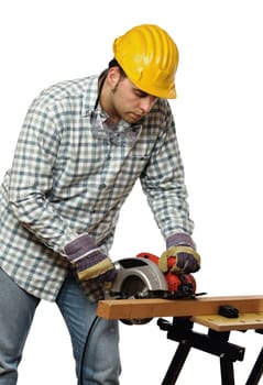 manual worker and electric saw