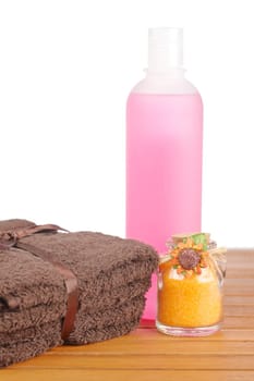 Towels and soap bottle