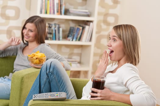 Two female students watching television