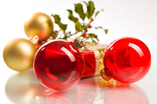 red and gold Christmas baubles