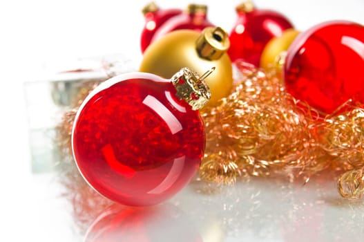 red and gold Christmas baubles